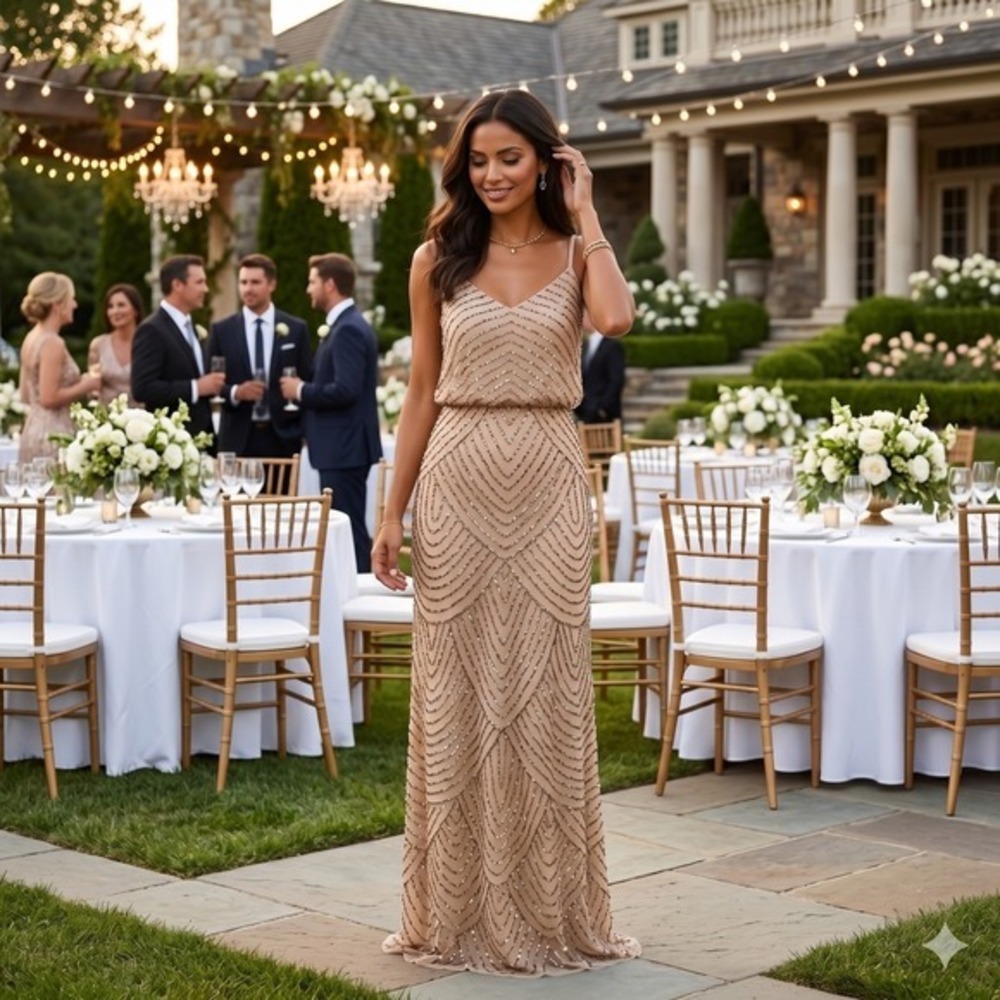 Adrianna Papell Gown Womens Nude Sequin Art Deco Blouson Maxi Dress 4